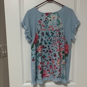 Umgee Light Blue Fringe Blouse with floral back panel